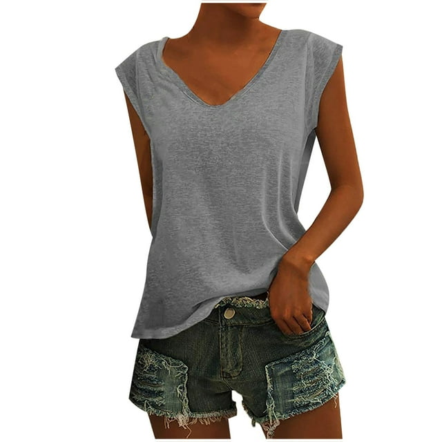 Pompotops T-Shirt Décontracté Col Rond Ample Manches Courtes Couleur Unie Blouse Tops