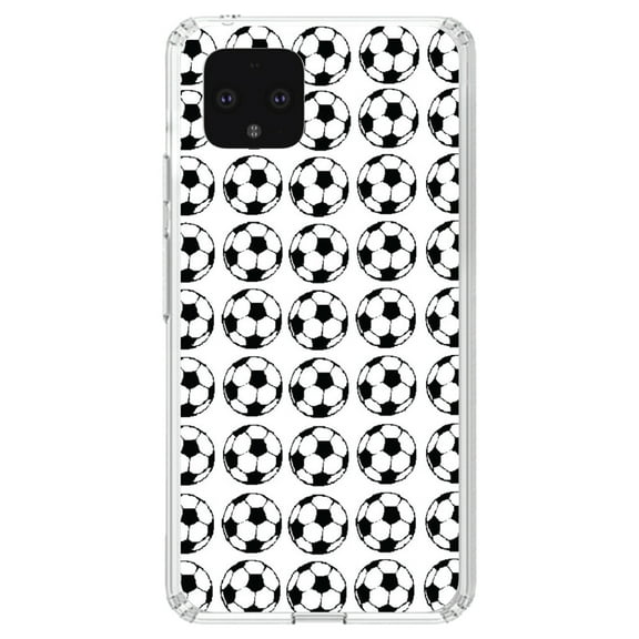 DistinctInk Clear Shockproof Hybrid Case for Google Pixel 4 (5.7" Screen) - TPU Bumper, Acrylic Back, Tempered Glass Screen Protector - Soccer Balls Drawing