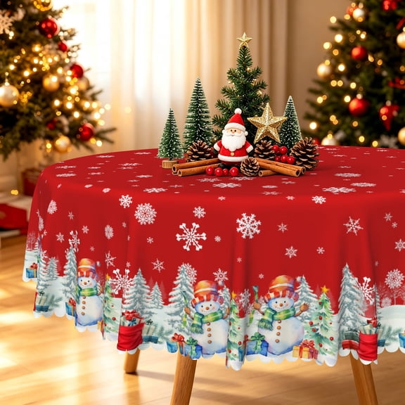 Duangreer Cartoon Snowman Christmas 60''Round Tablecloth, Washable Picnic Table Cover for Party Dining, Indoor and Outdoor