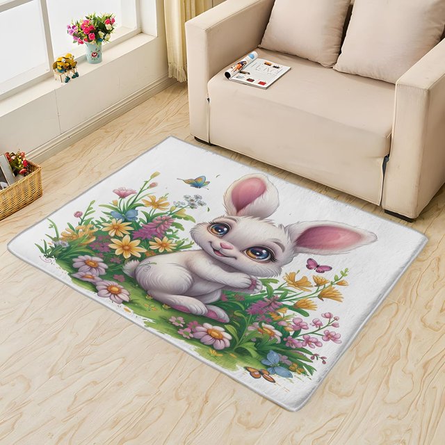 Cute Rabbit Area Rug 6X8 Living Room, Cartoon Rabbit Rugs for Bedroom,Rug Decorations, Rabbit Wild Flower Carpets Fluffy Washable, Soft Ultra-Thin Non Shedding Non Slip Non Toxic Area Rug 8i&-140