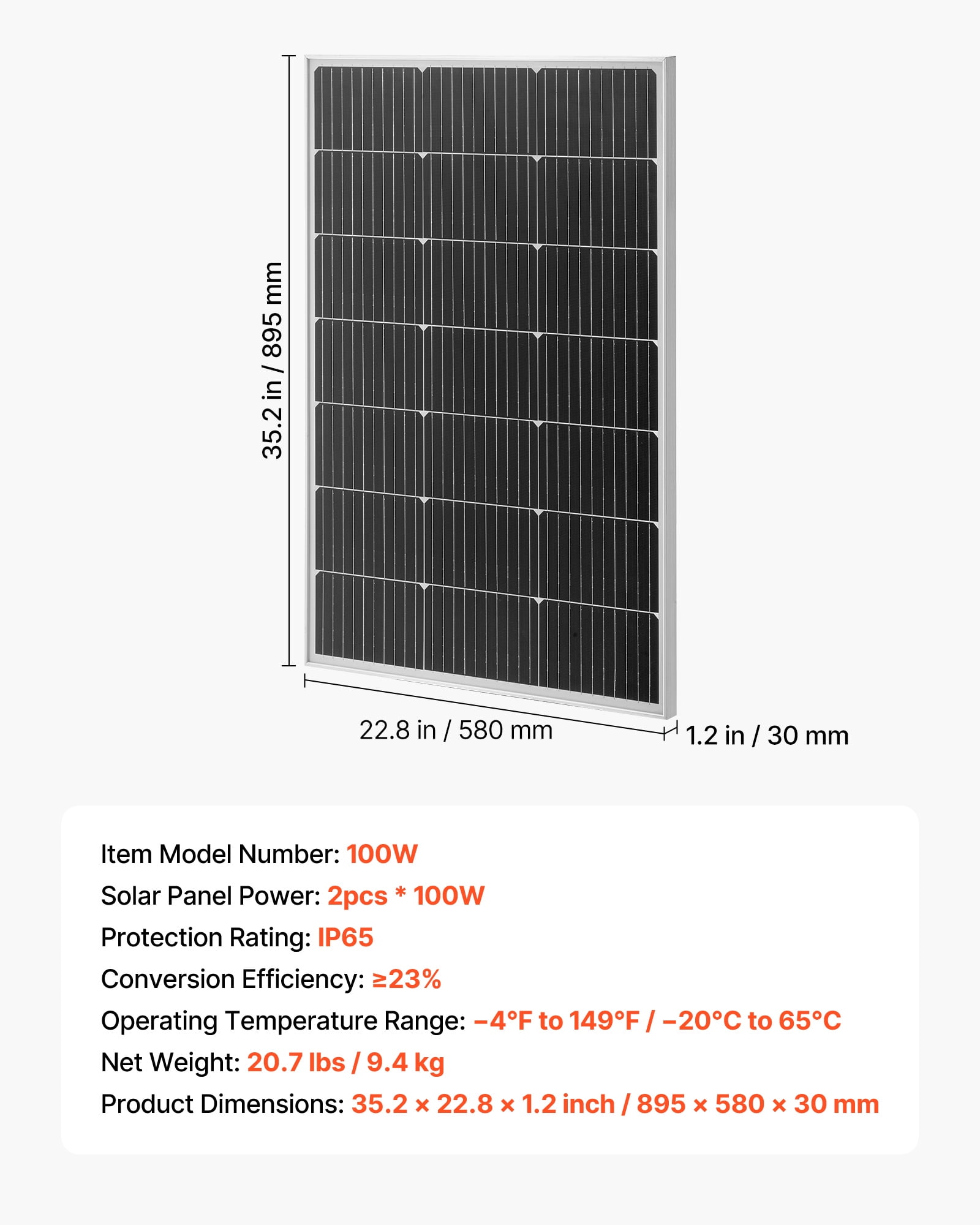 VEVOR 2PCS 100W Monocrystalline Solar Panels, 23% High-Efficiency Mono PV Module with Stable MC4 Output & Aluminum Frame, IP65 Waterproof Solar Panel for Car Boat Flat Rooftop Off-Grid Applications