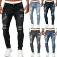 thumbnail image 2 of Men Ripped Hole Jeans Denim Pants Pockets Button Skinny Long Trousers, 2 of 5