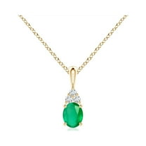 ANGARA Natural Oval Emerald Solitaire Pendant with Trio Diamond in 14K Yellow Gold for Women (Size-5x4mm) | May Birthstone, Birthday, Anniversary, Jewelry Gift for Women | Natural Emerald Necklace