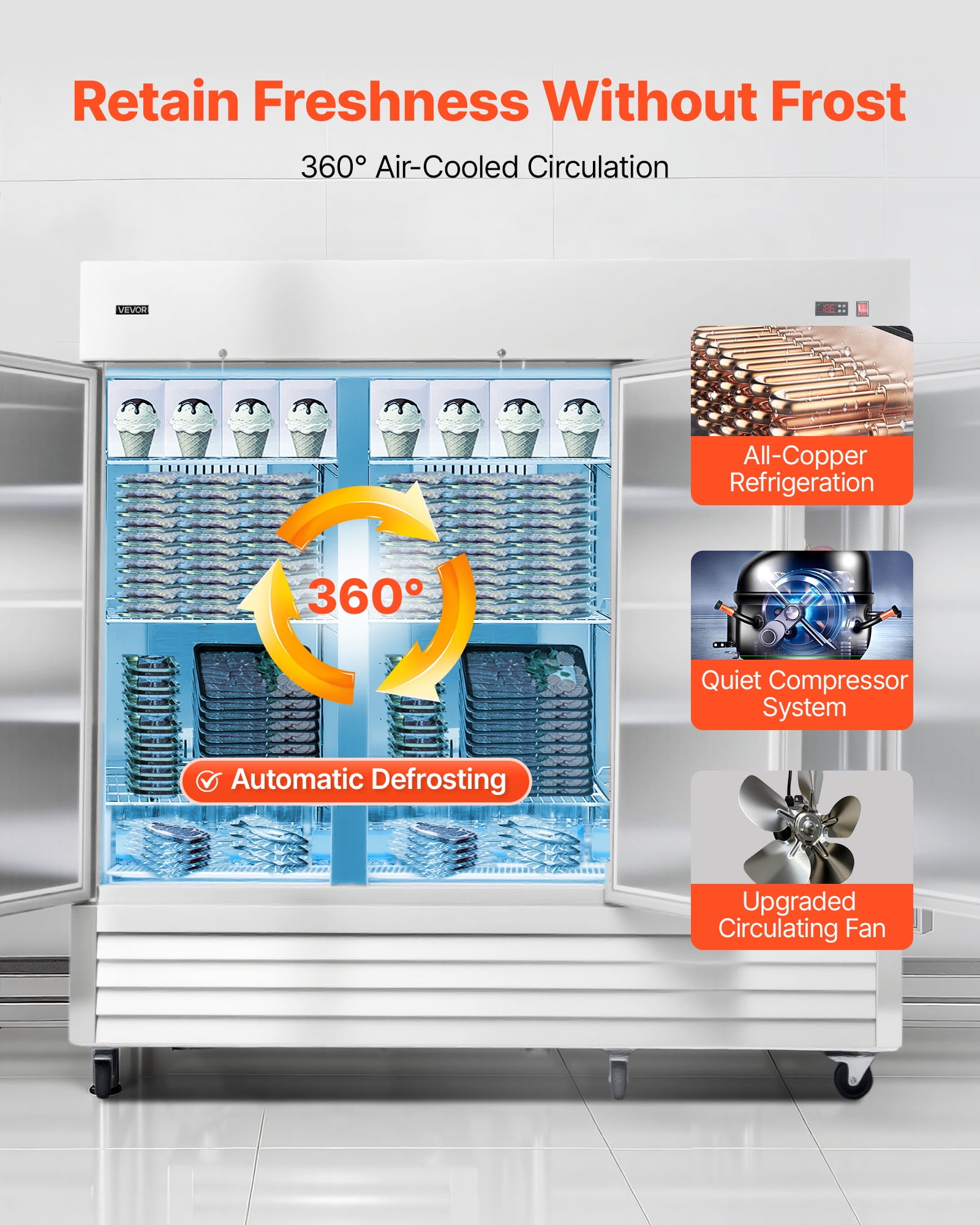 VEVOR Commercial Reach-In Freezer 85" W, 69 Cu.Ft Stainless Steel Upright Freezer with Three Doors, Auto-Defrost, 12 Adjustable Shelves,  -11 to 14℉ Temp Control, ETL Certified