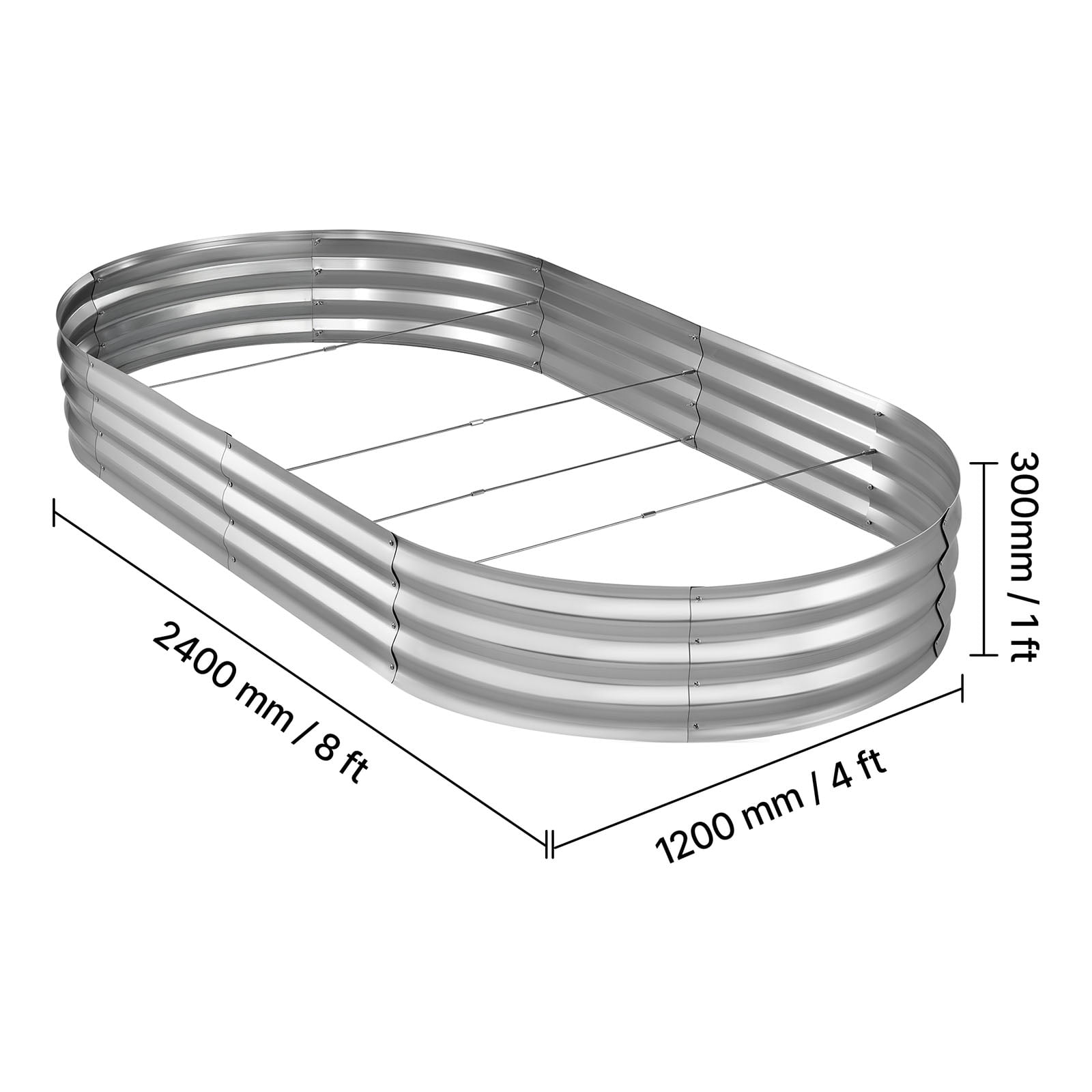 KFFKFF Galvanized Raised Garden Bed, 8 x 4 x 1 ft, Oval Metal Planter Box Kit for Outdoor Use, Bottomless Elevated Garden Box with Gloves, Rust-Resistant Alu-Zinc Material, Silver