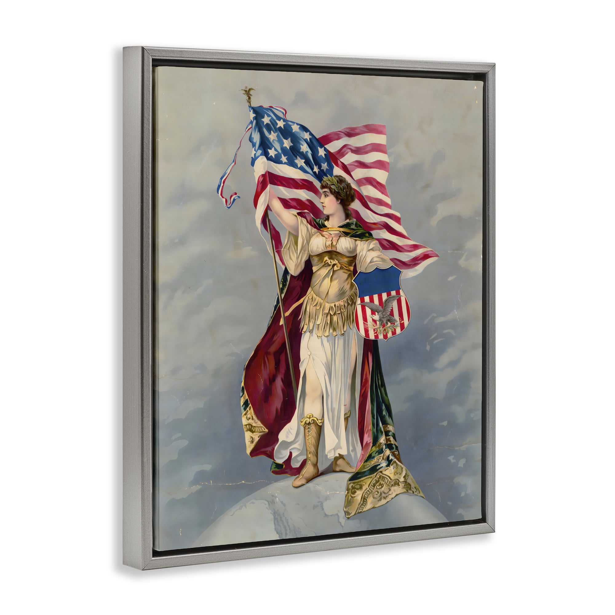 Stupell Industries Columbia Standing with American Flag Gray Framed Floater Canvas Wall Art, design by Arlington Prints
