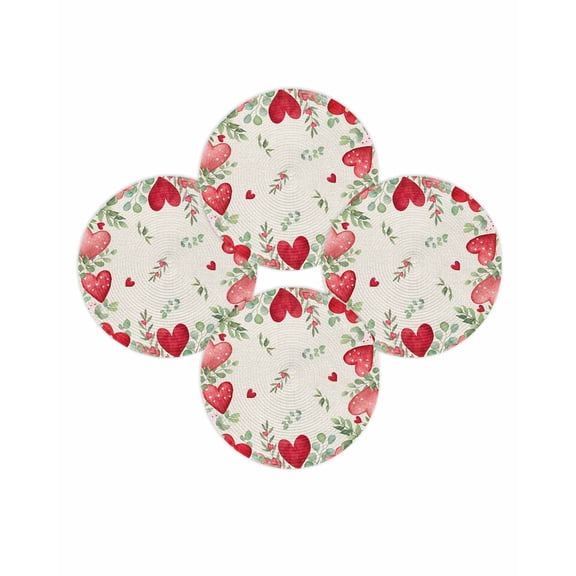 Valentine's Day Round Placemats Set of 4 Red Pink Love Heart Place Mats Washable Woven Placemat Eucalyptus Leaves Wreath Linen Circle Braided Table Mat for Kitchen Dining Table Wedding Party 15 Inch