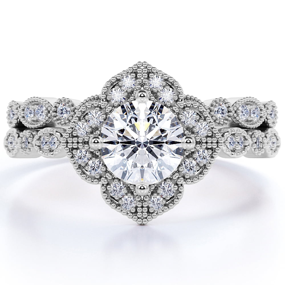 JeenMata Hand Made 1.75 Carat Round Cut Moissanite Wedding Ring Set in 18k White Gold Over Silver for Women