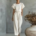 thumbnail image 4 of PRINxy Women's 2 Piece Solid Ruffle Lounge Set Crew Neck Short Sleeve Ruffle Trim Top and High Waist Wide Leg Pants Elegant Daily Wear White XL, 4 of 6