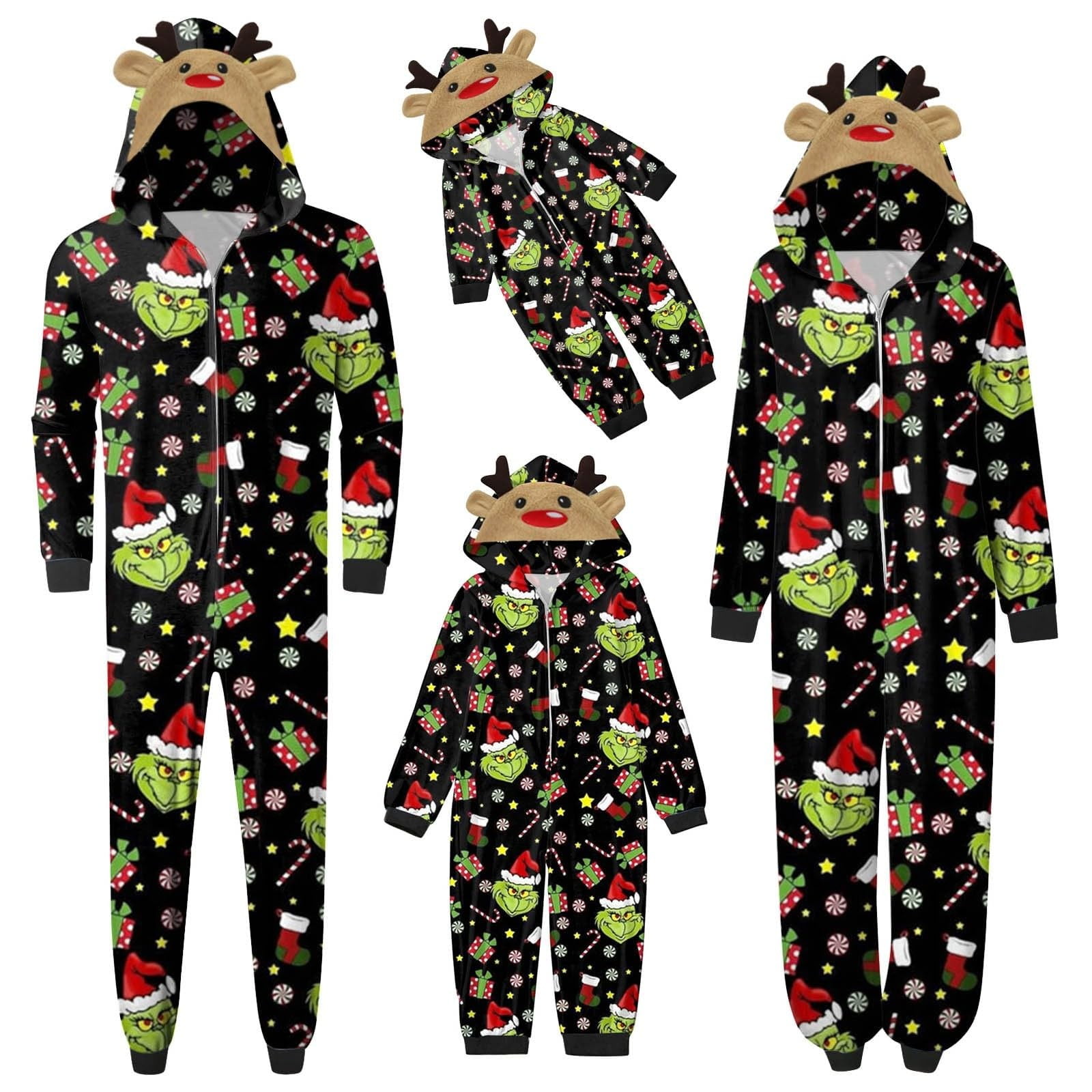 Yubatuo Grinch Christmas Pajamas for Family Christmas Print Family Matching Hooded Long Sleeve Zipper Jumpsuit Set Grinch Family Matching Outfits