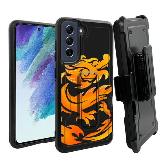 ANJ Rugged Dual Layer Hybrid Holster Kickstand Case w/ Card Slot Tempered Glass Cover for Samsung Galaxy S21 FE 5G - Dragon Emblem