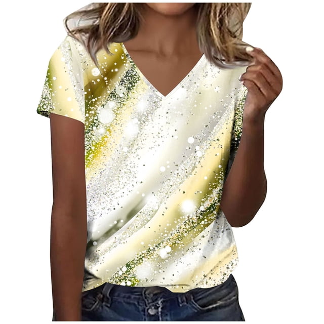 Blusas de Manga Corta para las Mujeres Impresión de Verano V-Cuello Blusa de Manga Corta, Poliéster Casual Top para las Mujeres, Lavado a Mano Toda la Temporada