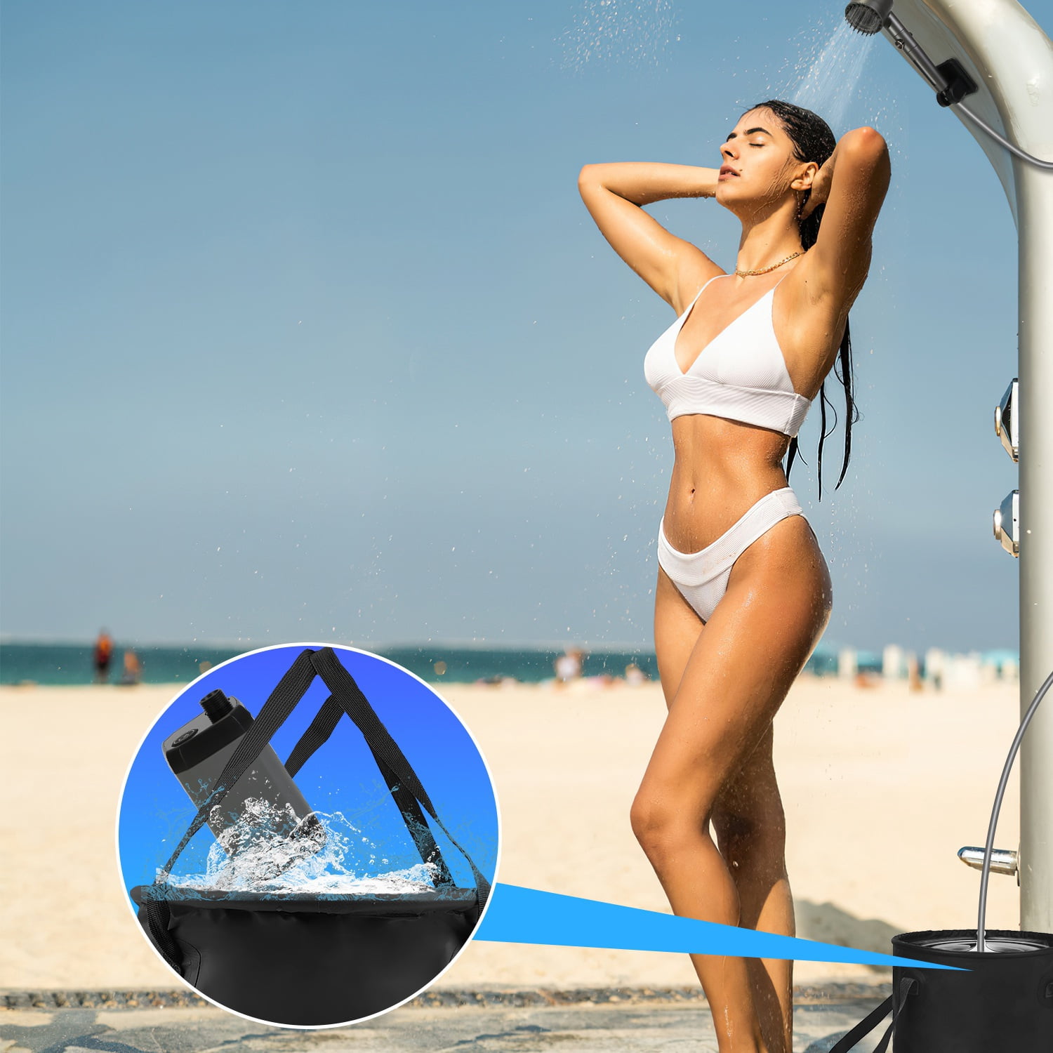 Moclever Portable Camping Shower, IPX7 Waterproof 6000mAh Rechargeable Shower Pump, Shower Head, 5.3Gallon Foldable Bucket, Black