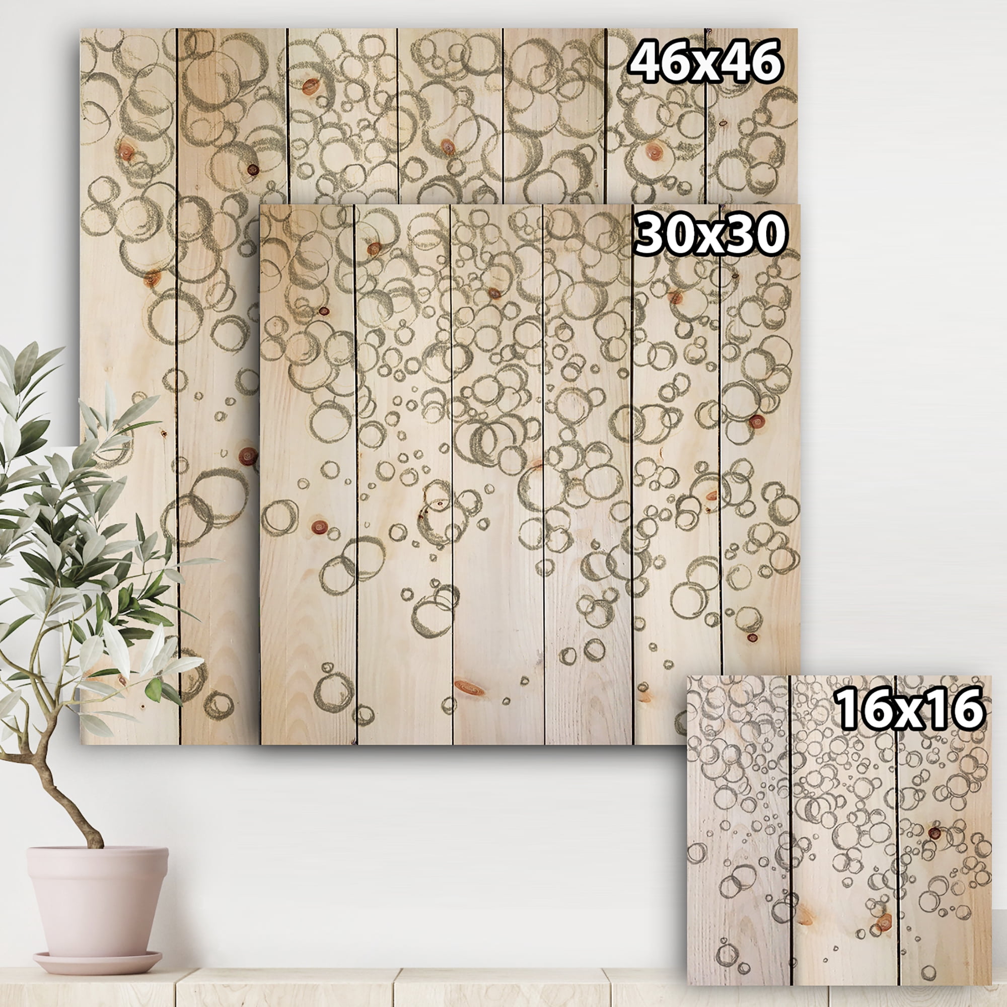 Designart 'Simple Bubbles I' Mid-Century Modern Print on Natural Pine Wood