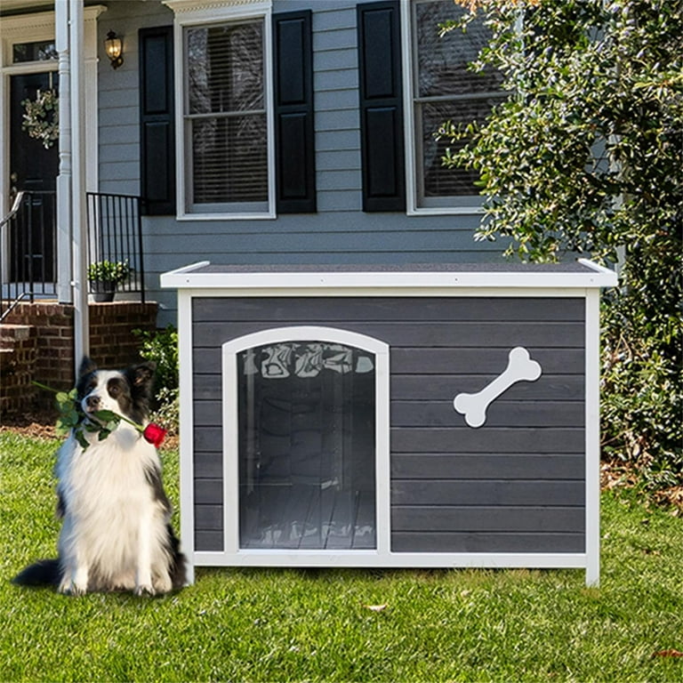 Pefilos 44 Wooden Dog House for Medium to Large Dogs Outdoor Weatherproof  Pet Cat House with Plastic Curtain, Insulation Mat, Brown 