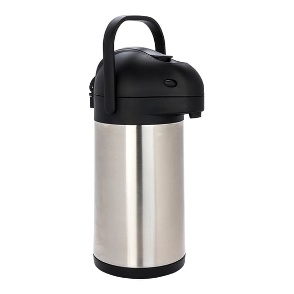 Met Lux 3L Silver Stainless Steel Airpot Coffee Dispenser - Pump Lever, 24 hr Heat Retention - 6" x 6" x 16" - 1 count box