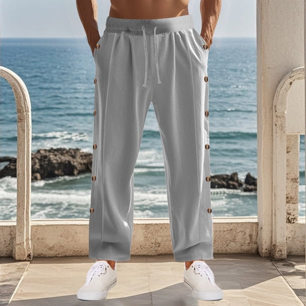 Pantalones largos de moda para hombre, casuales, de color sólido, con botones, cintura elástica, rectos, con pierna de cuerno, pantalones largos de poliéster para hombre.