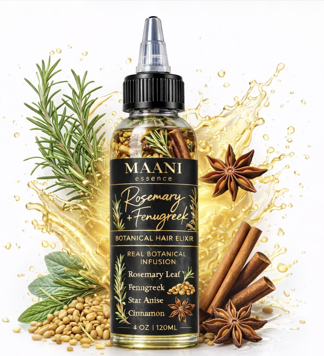 Rosemary & Fenugreek Hair Oil Rapid Hair Growth – with Real Rosemary Leaves, Fenugreek Seeds, Cinnamon & Star Anise – Herbal Hair Growth Infused with Castor Oil 120ML