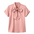 thumbnail image 6 of Ecqkame Women's Satin Shirts Elegant Bow Tie Neck Short Sleeve Casual Loose Blouse Business Office Trendy Wrinkle Free Tops Pink L, 6 of 6