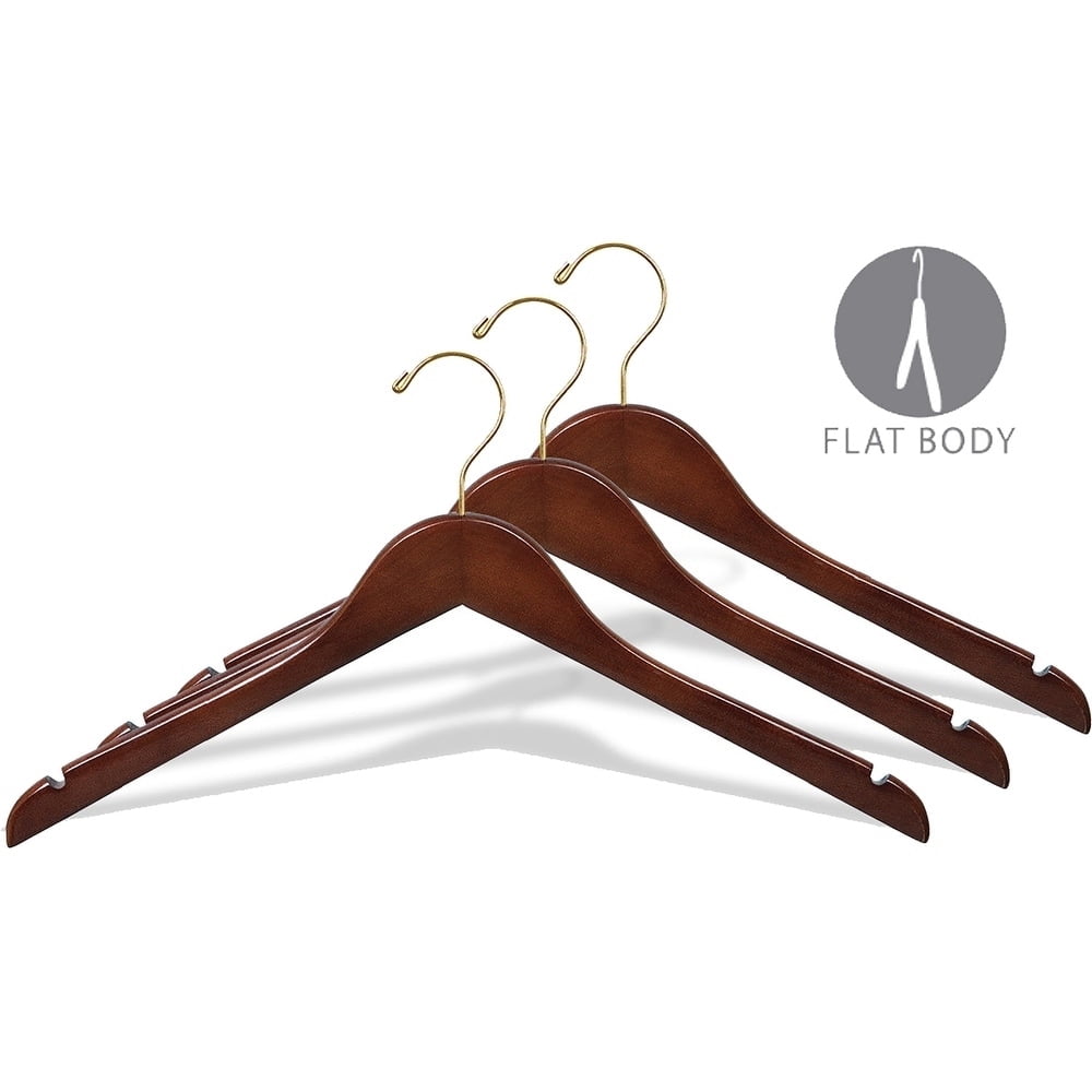 Wood Top Hanger, Box of 25 Space Saving 17 Inch Flat Wooden Hangers w/ Walnut Finish & Brass Swivel Hook & Notches for Shirt Jacket or Dress by International Hanger