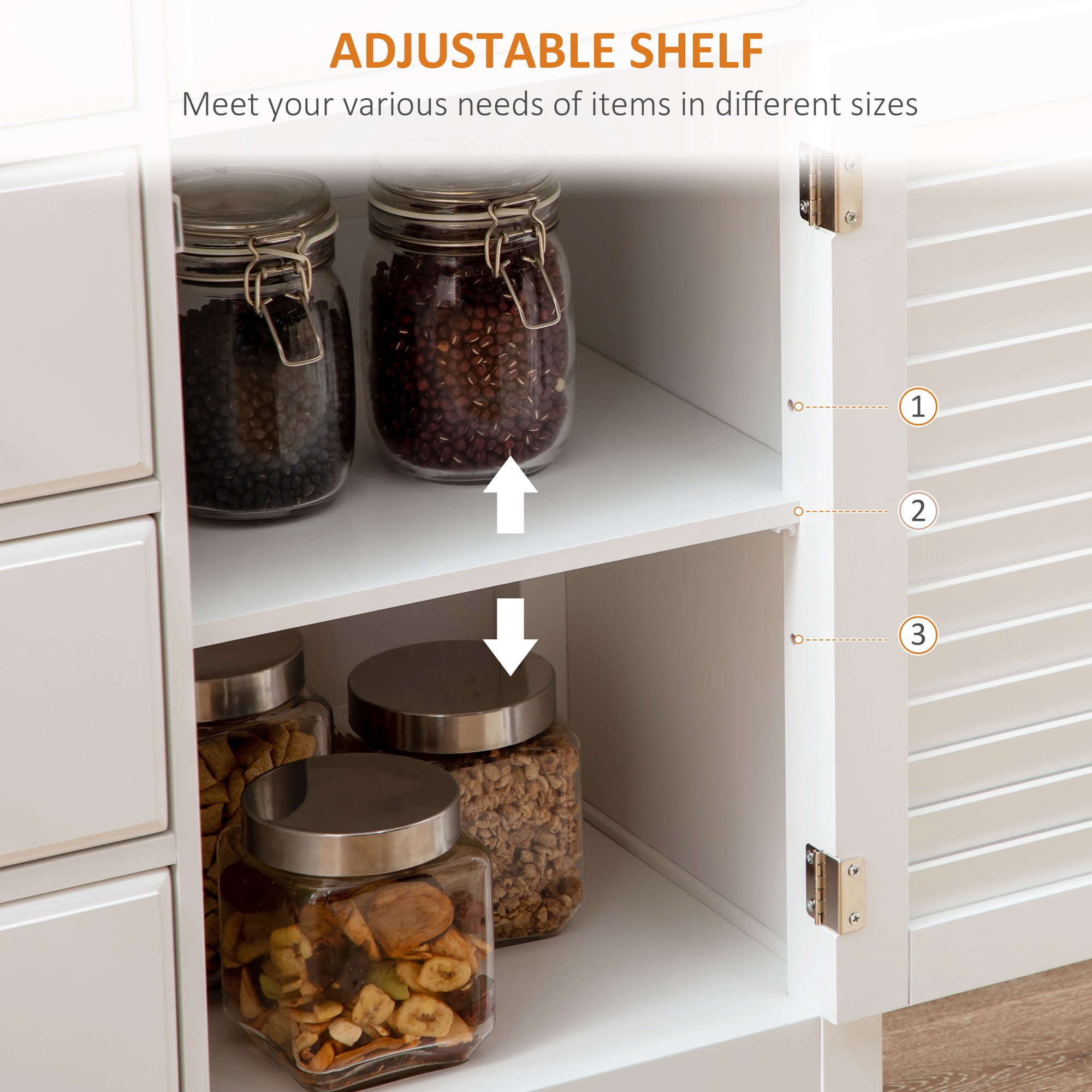 HOQBN Sideboard Buffet Cabinet with Storage Drawers, Rubber Wood Top and Adjustable Shelves, Coffee Bar Cabinet, White