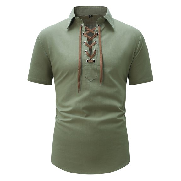 MIXUE Mens T-Shirts Summer Solid Color Lace Up Lapel Short Sleeve Loose Fit Casual Pullover Tops Tshirts Holiday Wear,Green,XXL