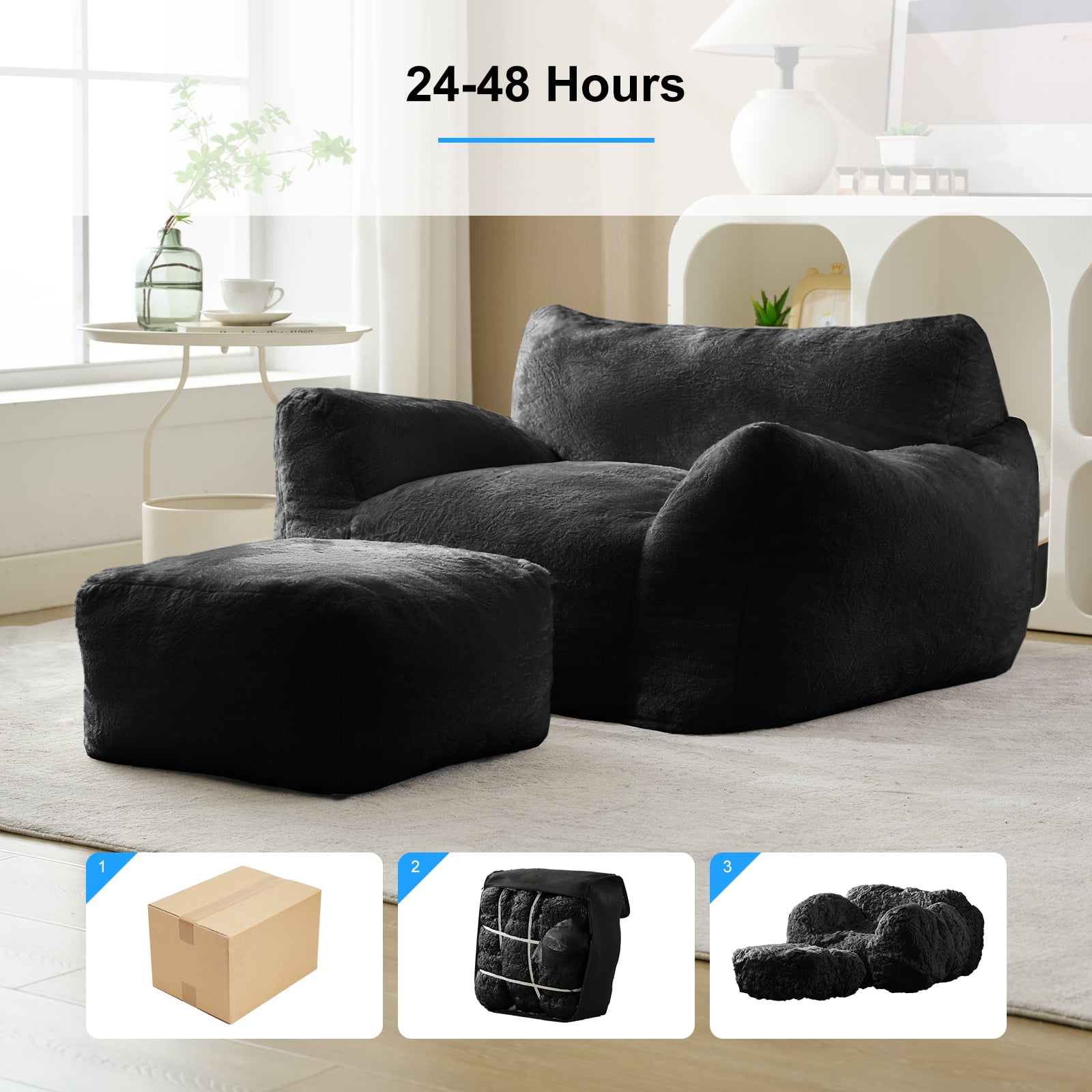 Puremind Bean Bag Chair for Kids and Adults, Oversized Bean Bag Couch with Ottoman, Faux Fur Lazy Sofa Chair for Living Room/Apartment/Bedroom, Dark Gray