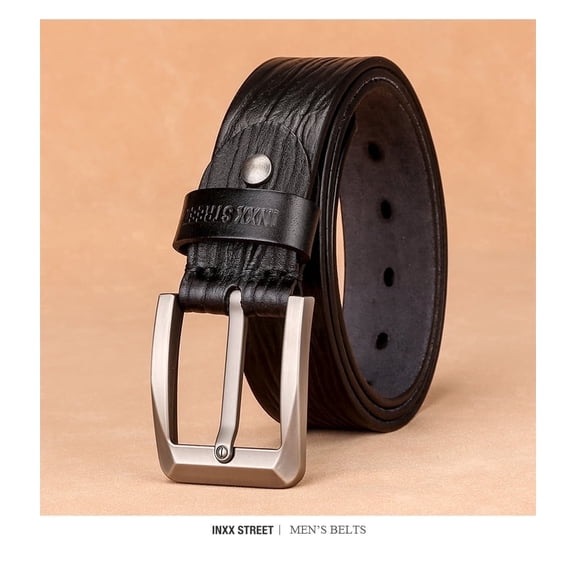 INXX STREET Men's Black Genuine Leather Belt - Silver Pin Buckle, Classic Business Casual Belt Cloth size 2.4inch Gift Box Set