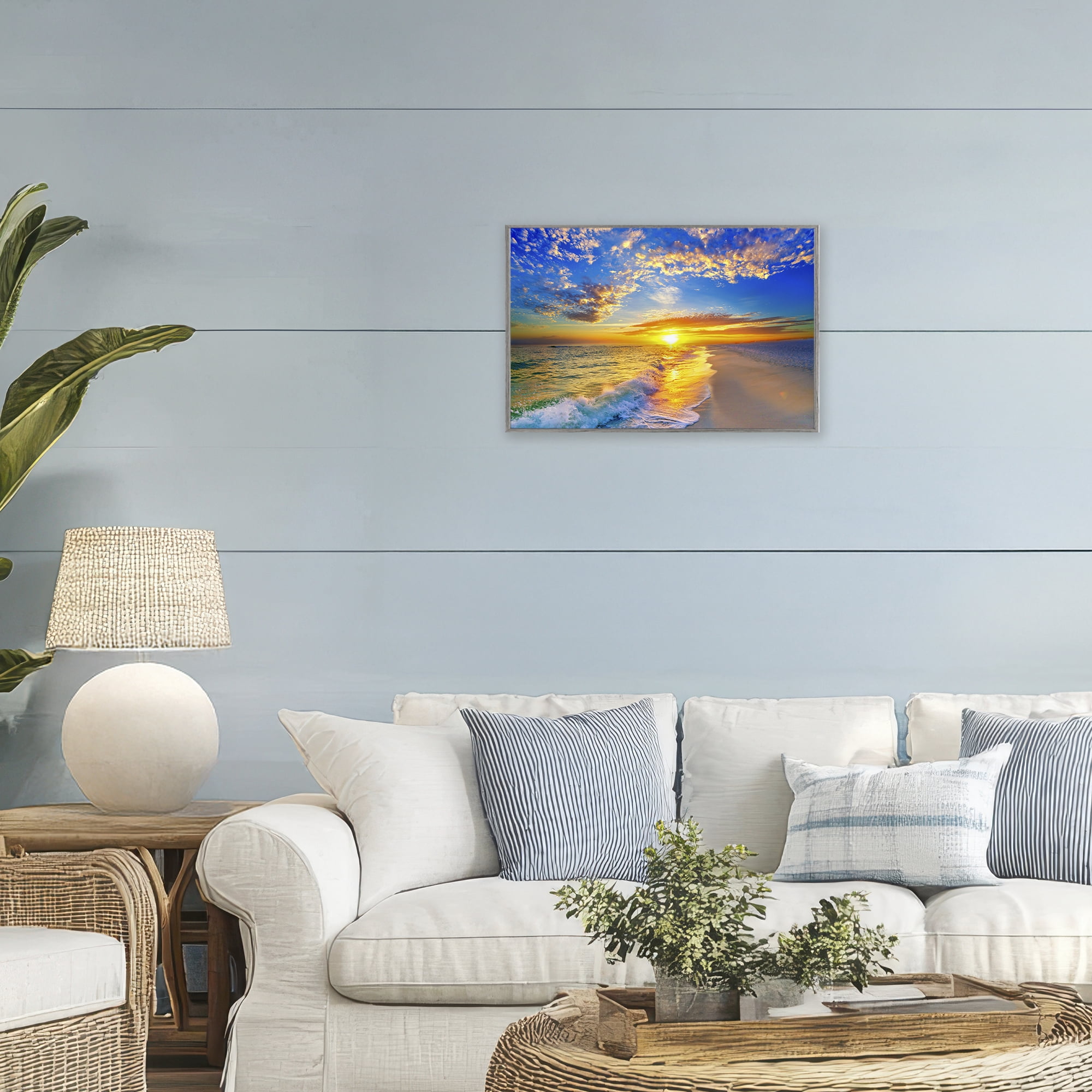 Stupell Industries Golden Sunset Beach Blue Sky Gray Framed Giclee Art, design by Eszra Tanner