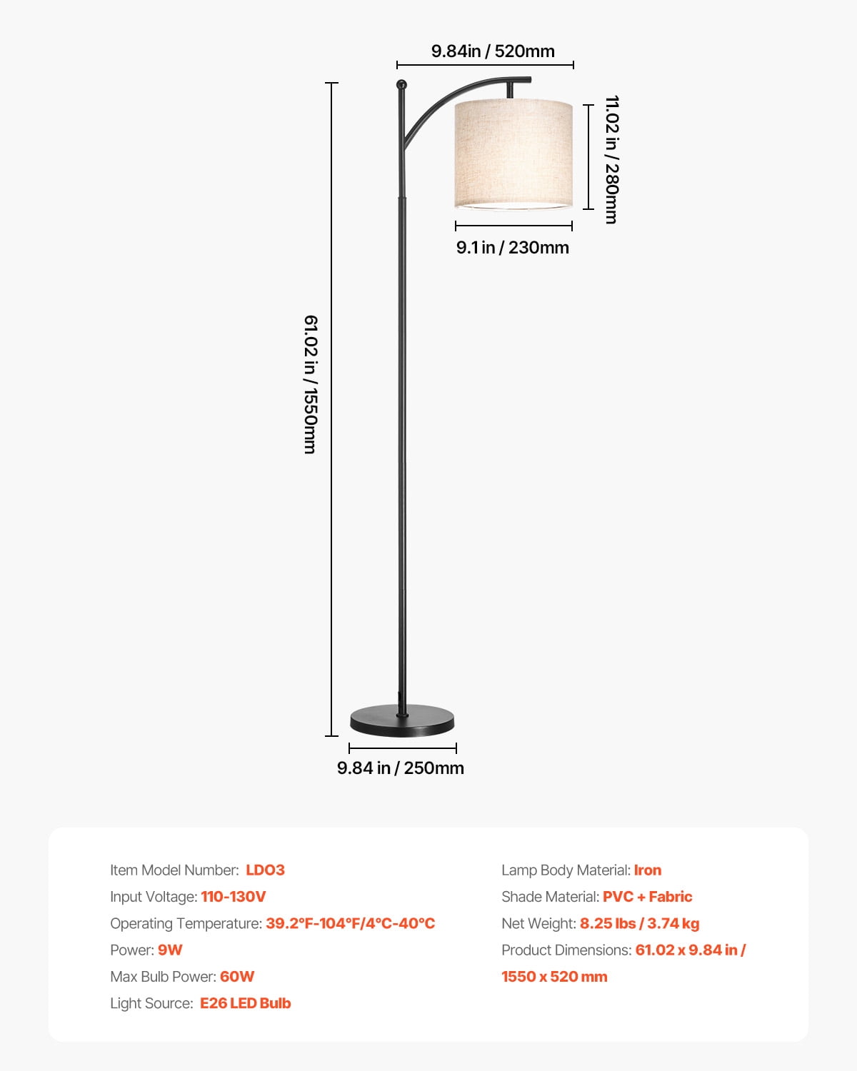 VEVOR Dimmable Floor Lamp, Color Temperature & Brightness Adjustable, Modern Standing Lamp with Remote Control, Foot Switch Floor Lamp for Living Room, Bedroom, Office(LED Bulb, Lampshade Included)