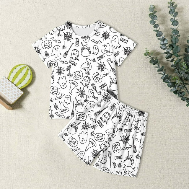 Ensemble de Pyjama Doux Imprimé pour Filles, Col Rond, Tenue de Jeu, Vêtements de Sommeil Confortables pour Tout-Petits, Tenue Décontractée