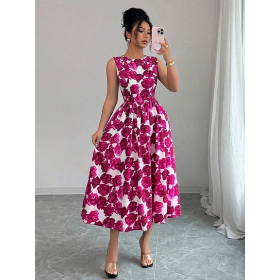 Elegant Multicolor Floral Print Sleeveless Midi Dress With Fit And Flare Silhouette