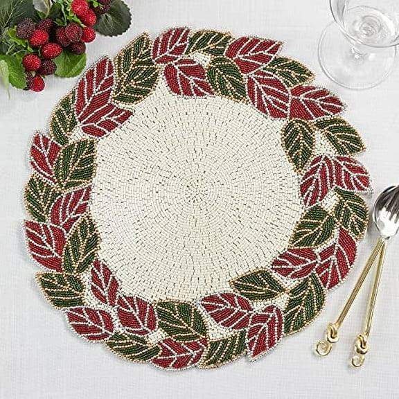 Fennco Styles Hand Beaded Leaves Placemat 15" Round, 1-Piece - Red & Green Holiday Table Mat for Home, Dining Table, Christmas Décor, Banquet and Special Occasion