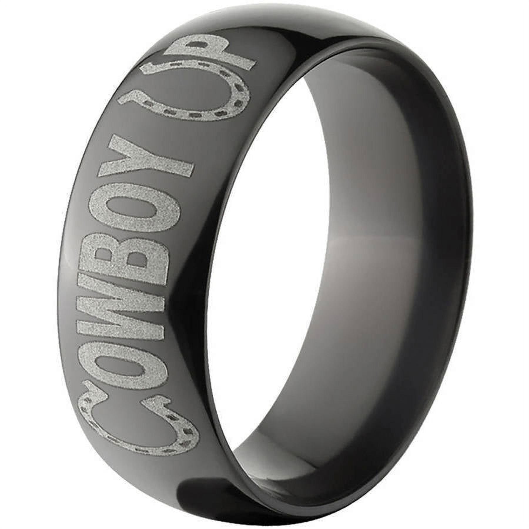 8mm Half-Round Black Zirconium Ring with "Cowboy Up" Laser Design