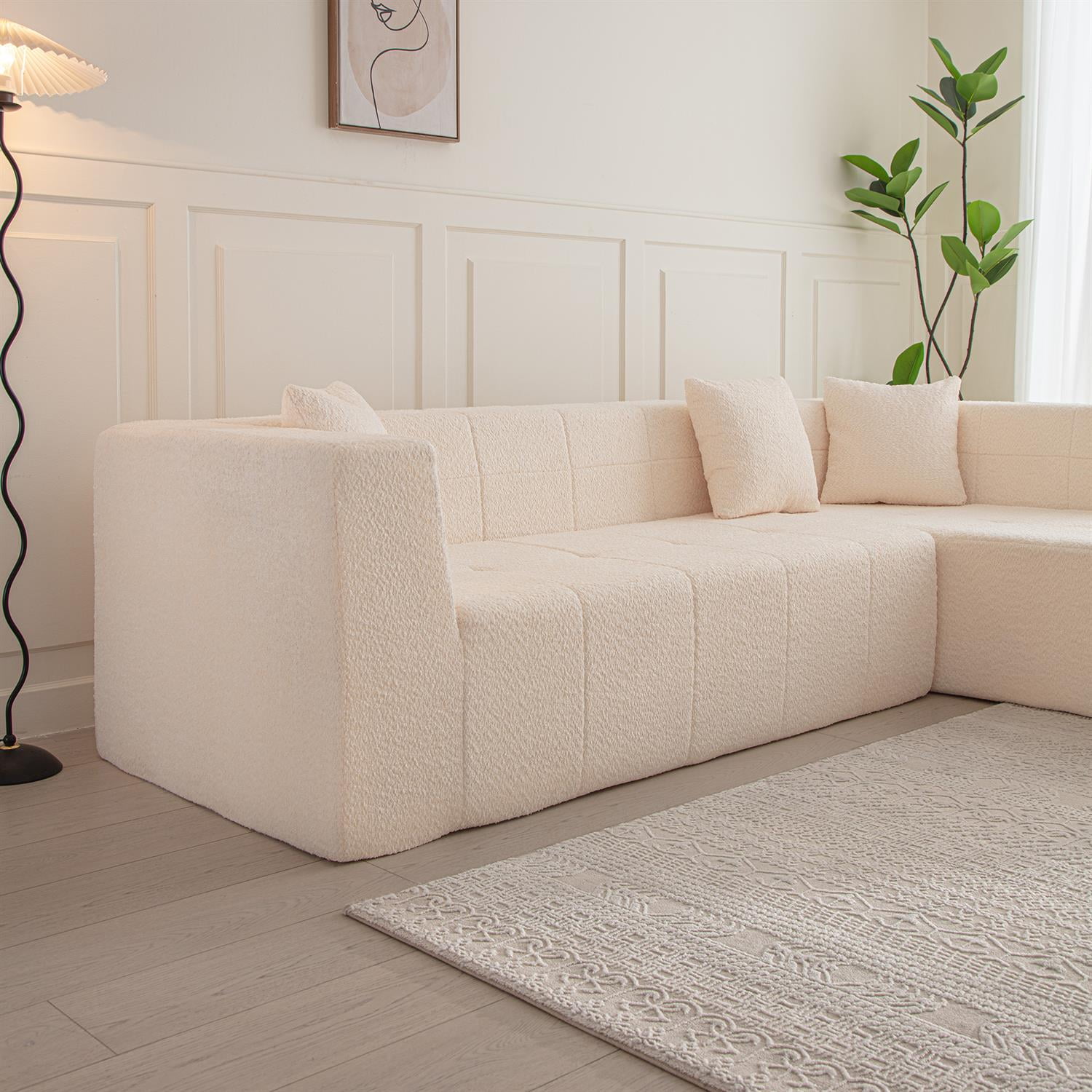 Demi Bonn 105" L-Shaped Modular Sectional Sofa Set with Chaise, Deep Seat Tufted Floor Couch for Living Room Decor, White