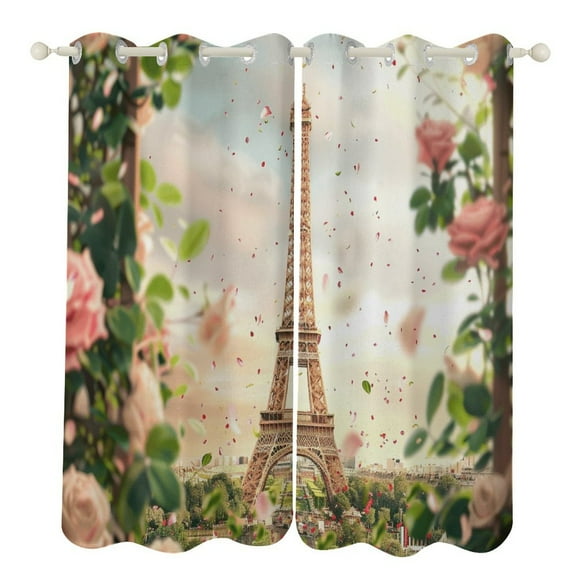 Blossoming Paris Eiffel Tower Curtains Aesthetic Envrionmental Friendly Picture, Living Room Bedroom Window Drapes 2 Panel Set