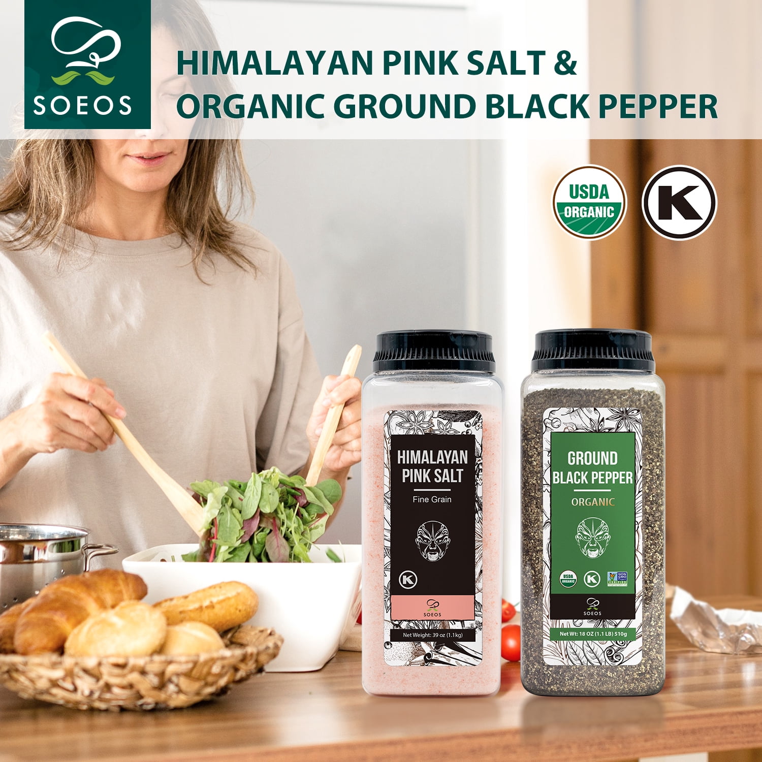 Soeos Himalayan Pink Salt Fine Grain 39 oz, Pink Himalayan Salt, Organic Ground Black Pepper 18 oz, Organic Black Pepper, Salt and Pepper Set