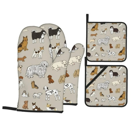 

Oven Mitts and Pot Holders Sets 4 pcs - Dog Animal Heat Resistant Silicone Oven Gloves with Non-Slip Silicone Surface and hot pads for kitchen Baking Cooking BBQ