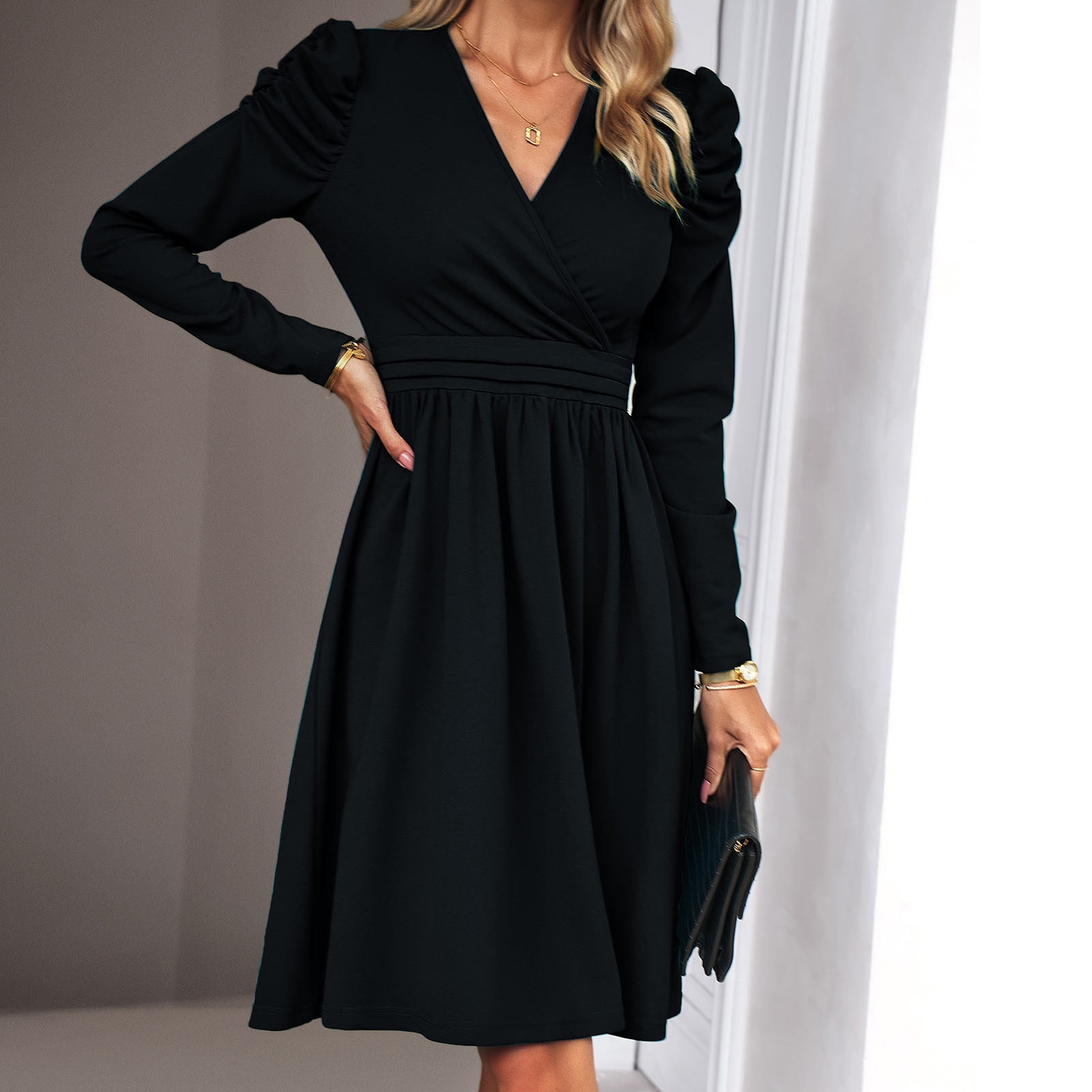 Black Evening Gown Black Long Sleeve A Line Dress Solid Color V-Neck Wrap  Dress For
