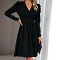thumbnail image 4 of Solid Color V-Neck Wrap Dress for Women Long Sleeve Knee Length Dress Slim Waist Pleated Casual Short Dress, 4 of 8