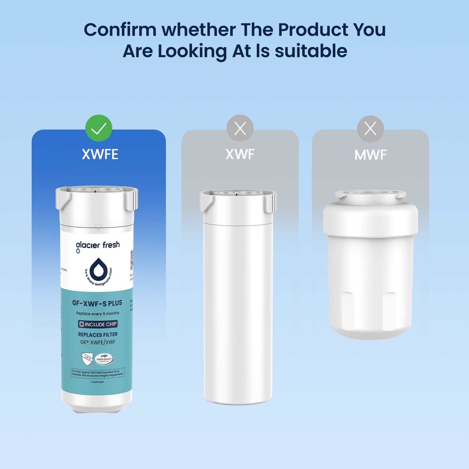 Glacier Fresh XWFE Water Filter(Built-in CHIP), Replacement for GE XWFE, XWF Refrigerator Water Filter, NSF/ANSI 53 Certification, 3 Pack