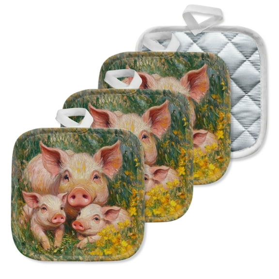 4 Pack Pot Holders,Kitchen Essential, Potholder Set,Realistic Painting Of Pig Family In A Grassland