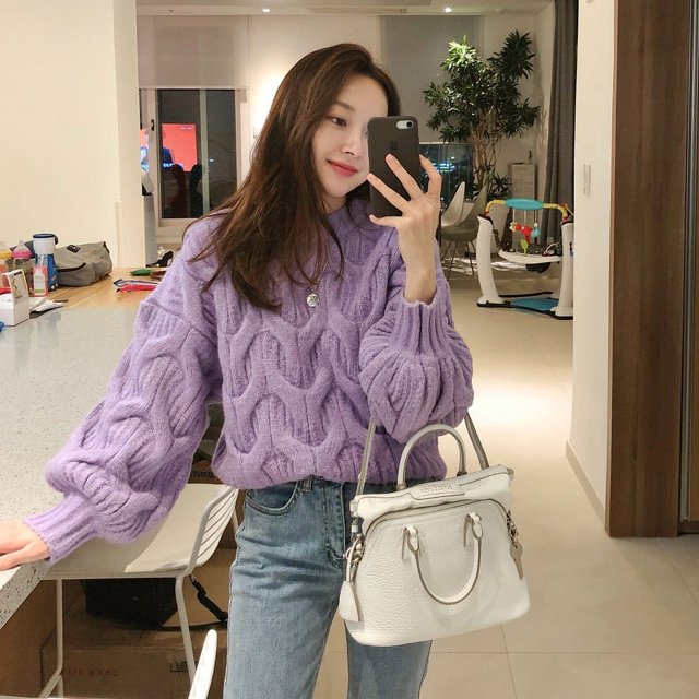Suéter de mujer con mangas abullonadas y estilo informal para otoño e invierno, suéter grueso y holgado de estilo coreano