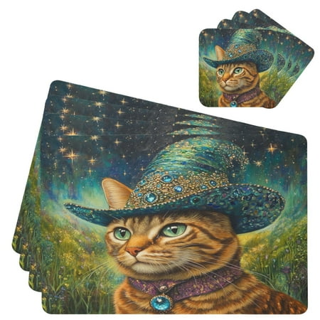 

Wobogo Sapphire Hat Kitty Placemats Coasters Set of 4 Heat-resistant Non-slip Easy to Clean Square Dinner Plate Mat