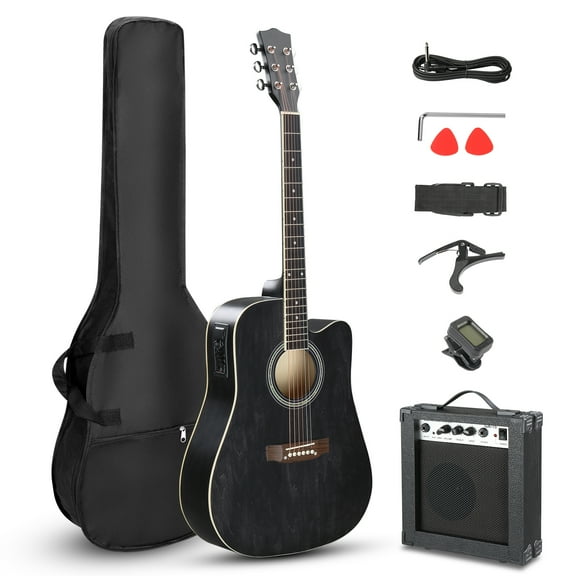 Hecake Full-Size Acoustic Electric Guitar with Amp, 41 Inch Basswood Body Guitars Kit for Beginner & Intermediate W/Bag, Strap, and Capo All Accessories Included,Black