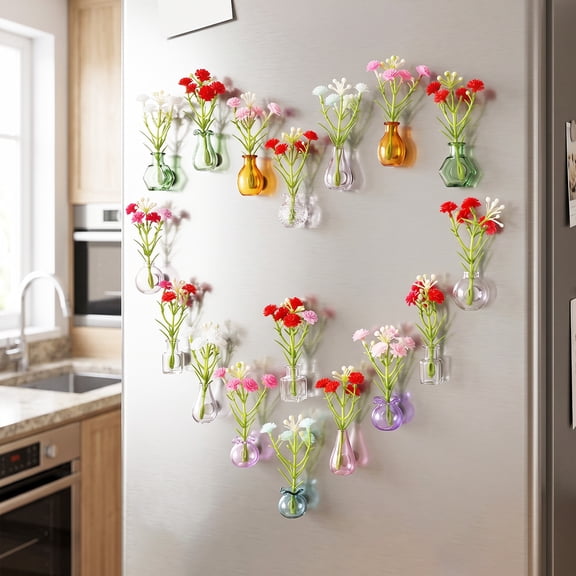 Mini Vase Magnets for Fridge, 20 Pack Magnetic Mini Glass Vases with Faux Flowers for Locker, Office Decor