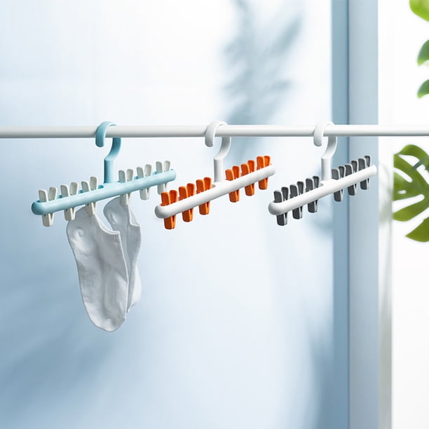 Percha para Calcetines Resistente Al Viento | 6 Pinzas Resistentes con Gancho Giratorio de 360° para Secar Ropa Interior, Calcetines, Gorros, Bufandas y Pantalones | Gris, Naranja, Azul | 38,5 X 13 X