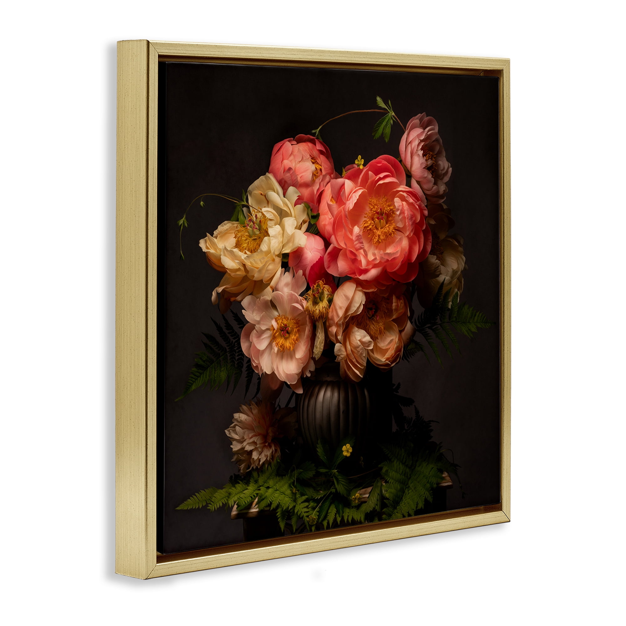 Stupell Industries Peonies & Ferns Bouquet Plants & Flowers Photography Gold Floater Framed Canvas Art Print Wall Art, 18 x 18