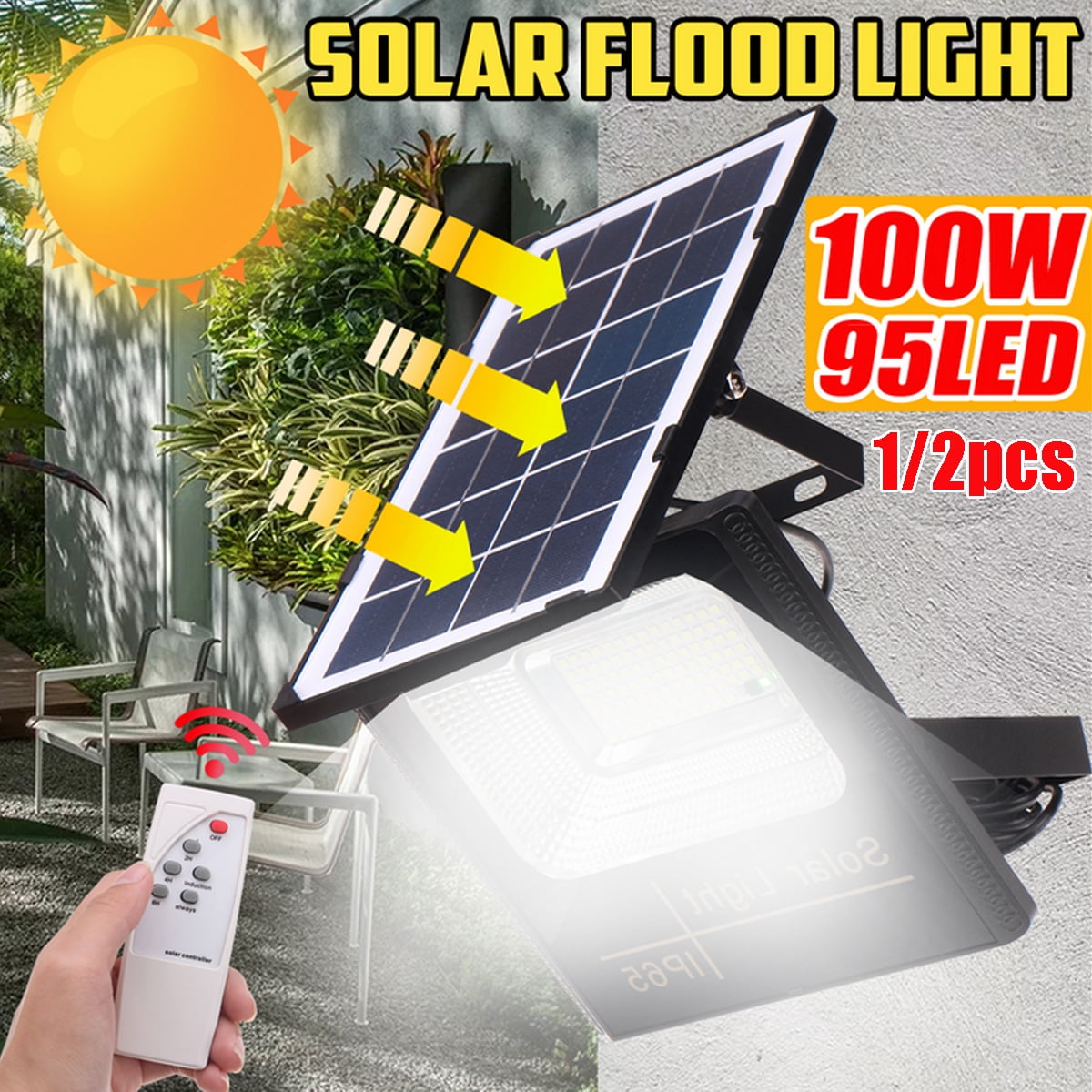 100W Solar Power LED Flood Light Spotlight Remote Control Waterproof Outdoor 