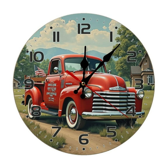 Red Classic Car Vintage Truck American Flag Wall Clock 10 Inch Silent Non Ticking Round Wooden Clock Decoration for Living Room Kitchen Bedroom Bathroom Office Classroom